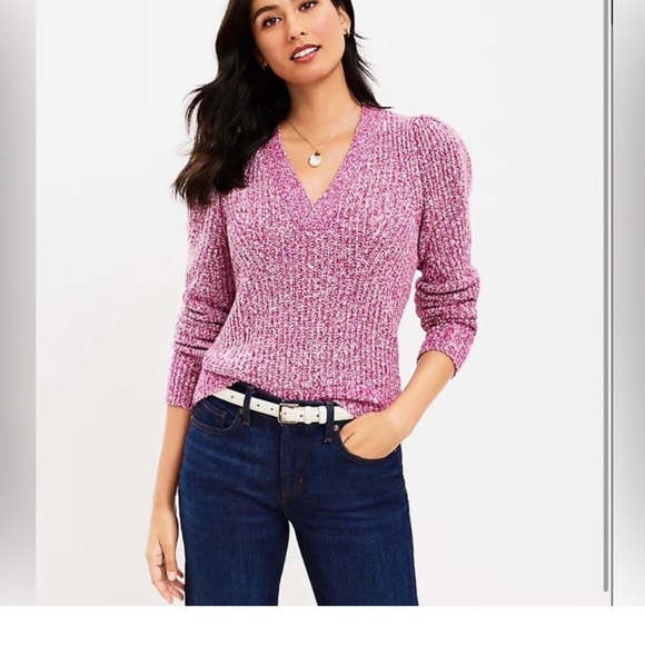LOFT Marled Pink Puff Sleeve V-Neck Sweater Women’s Size L - Picture 14 of 14
